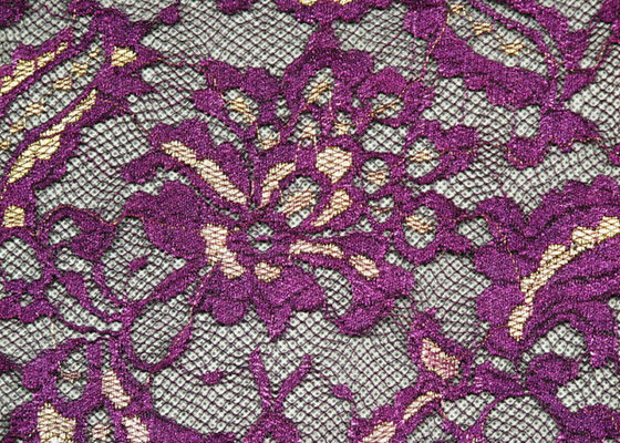 Moda Metalik Mor Streç Dantel Kumaş Suda Çözünür OEM / ODM CY-LW0219